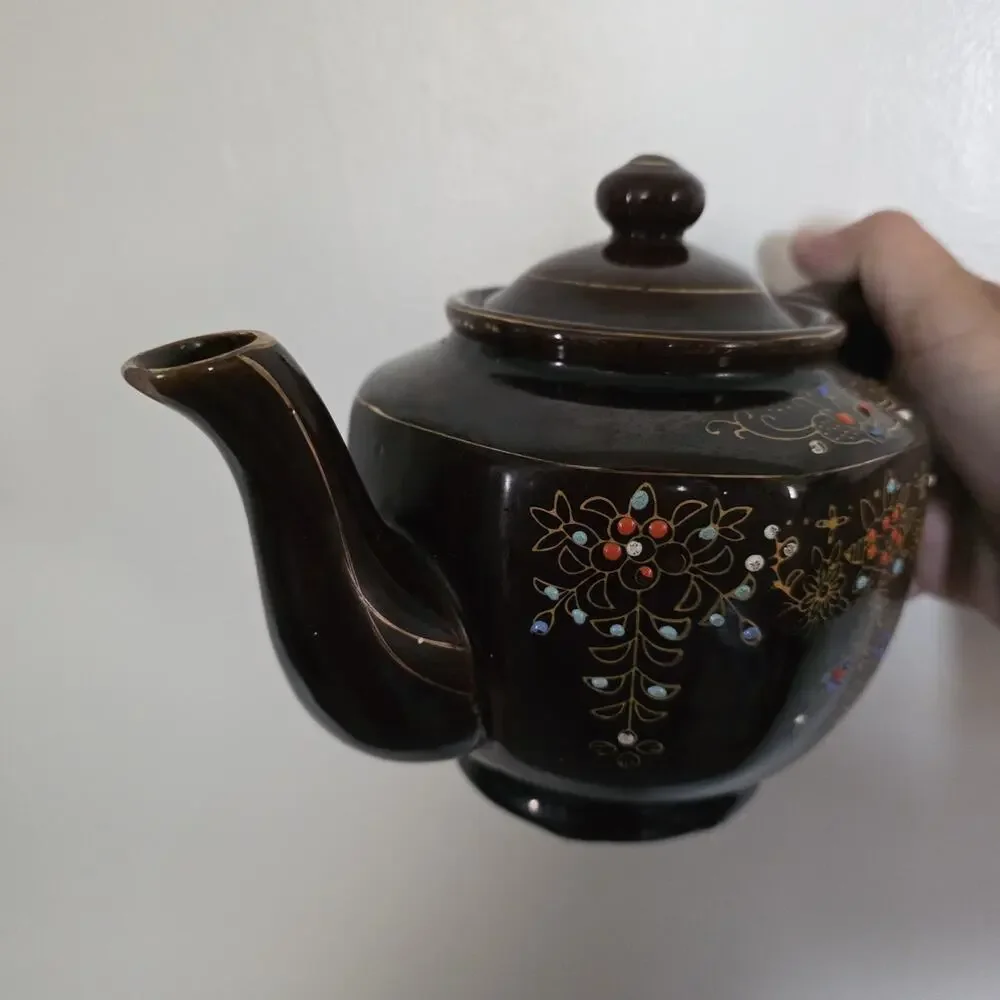Vintage Art Deco Hand Painted Floral Teapot W/Lid ACME Japan Brown